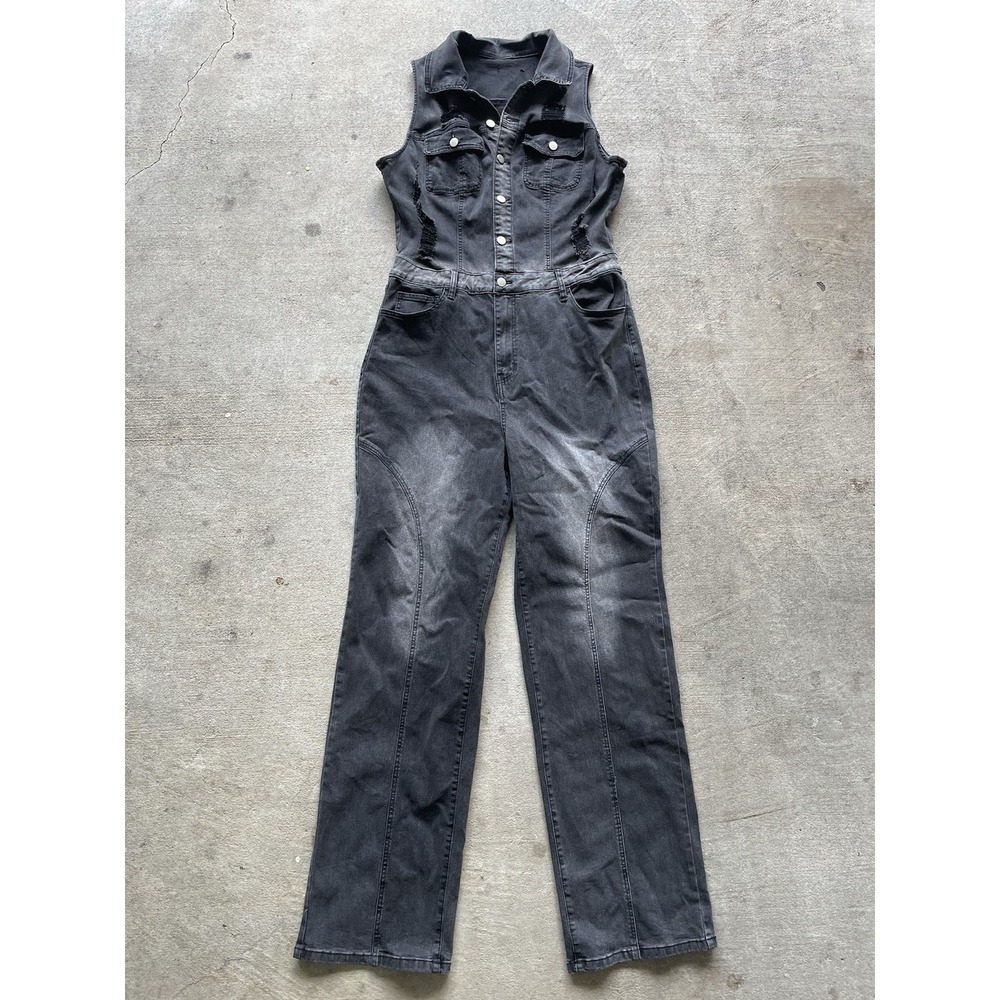 There's No Vacancy Black Denim Jumpsuit Womens 1X Distressed